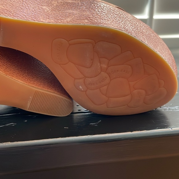 EUC Kork-Ease neutral tan and silver metallic strap high wedge sandals - Picture 7 of 12